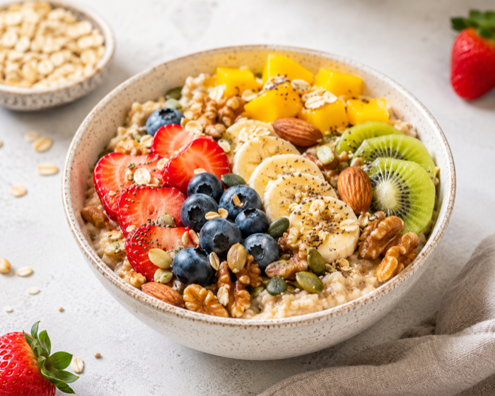 Bowl de avena con frutas frescas, frutos secos y semillas — alimentación saludable