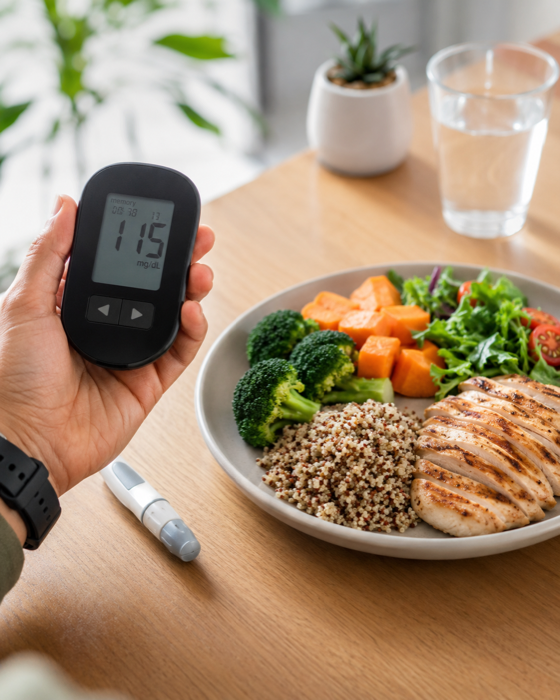 Control glucémico con glucómetro junto a plato de comida equilibrada — manejo de diabetes